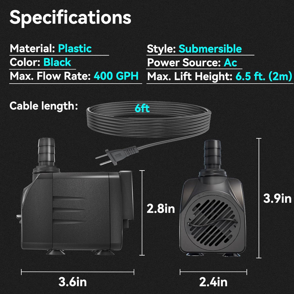 400GPH Auto-Shut-OFF Submersible Pond Pump (1500L/H 25W) Ultra Quiet Fountain Water Pump with 6.5ft High Lift, 3 Nozzles for Aquarium, Fish Tank, Pond, Hydroponics, Statuary,Water Feature.