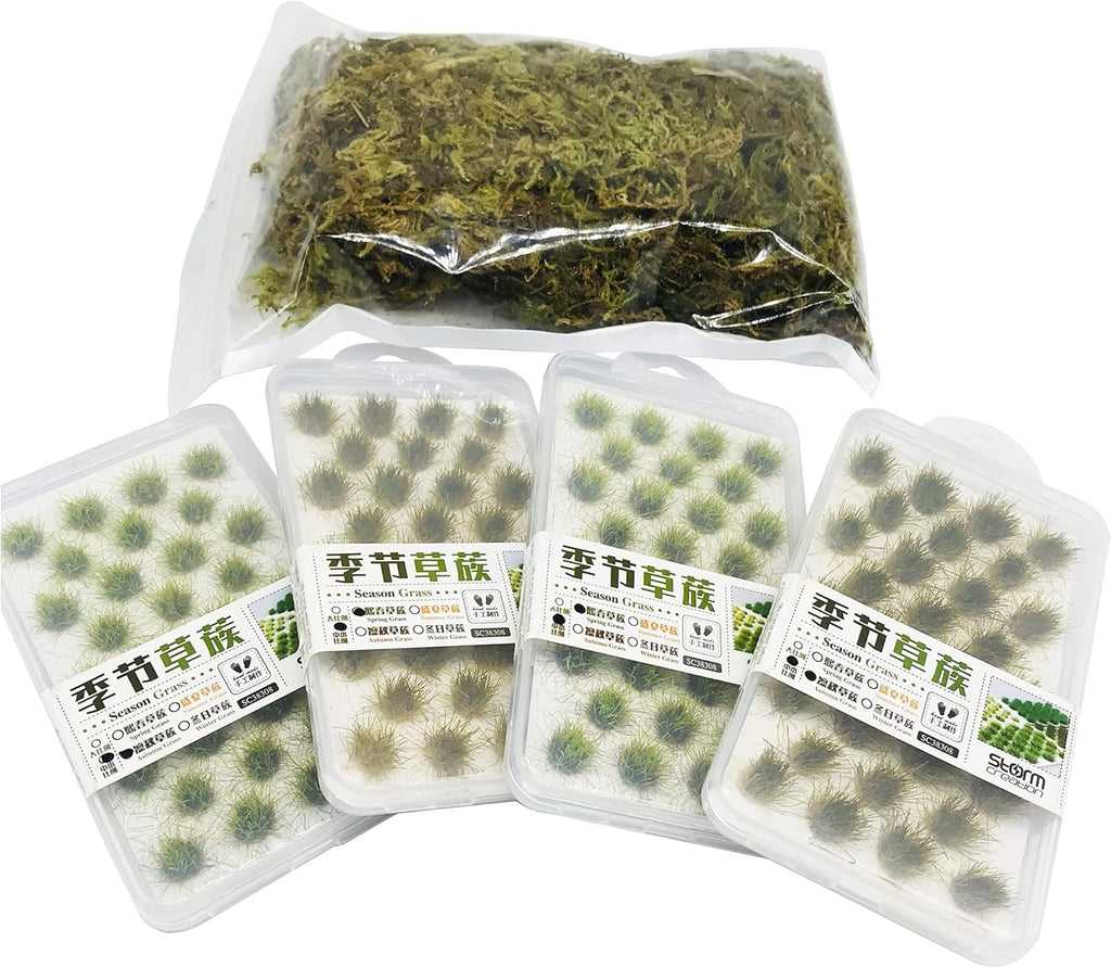 Cayway 128 PCS Static Grass Tuft Model Grass Tufts Terrain Model Kit Resin Static Scenery Model, Fake Moss Grass and Tweezers for Train Landscape Railway Artificial Grass Modeling