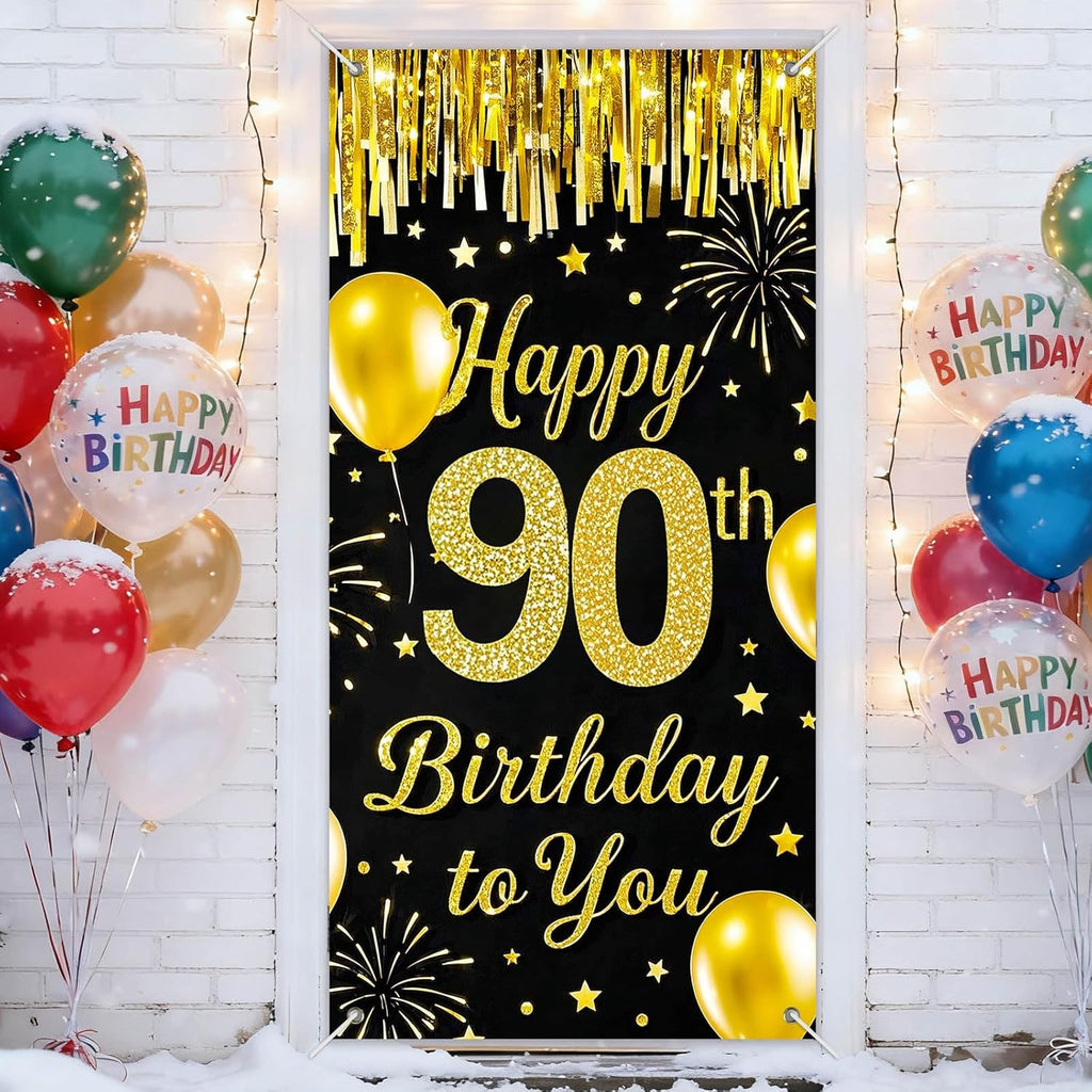 IVN 90th Birthday Door Cover 71x35 Inch Black Gold Birthday Banner for Party Decorations Balloons Stars Fireworks Backdrop Sign for Men Women Photo Booth Prop Wall Decor