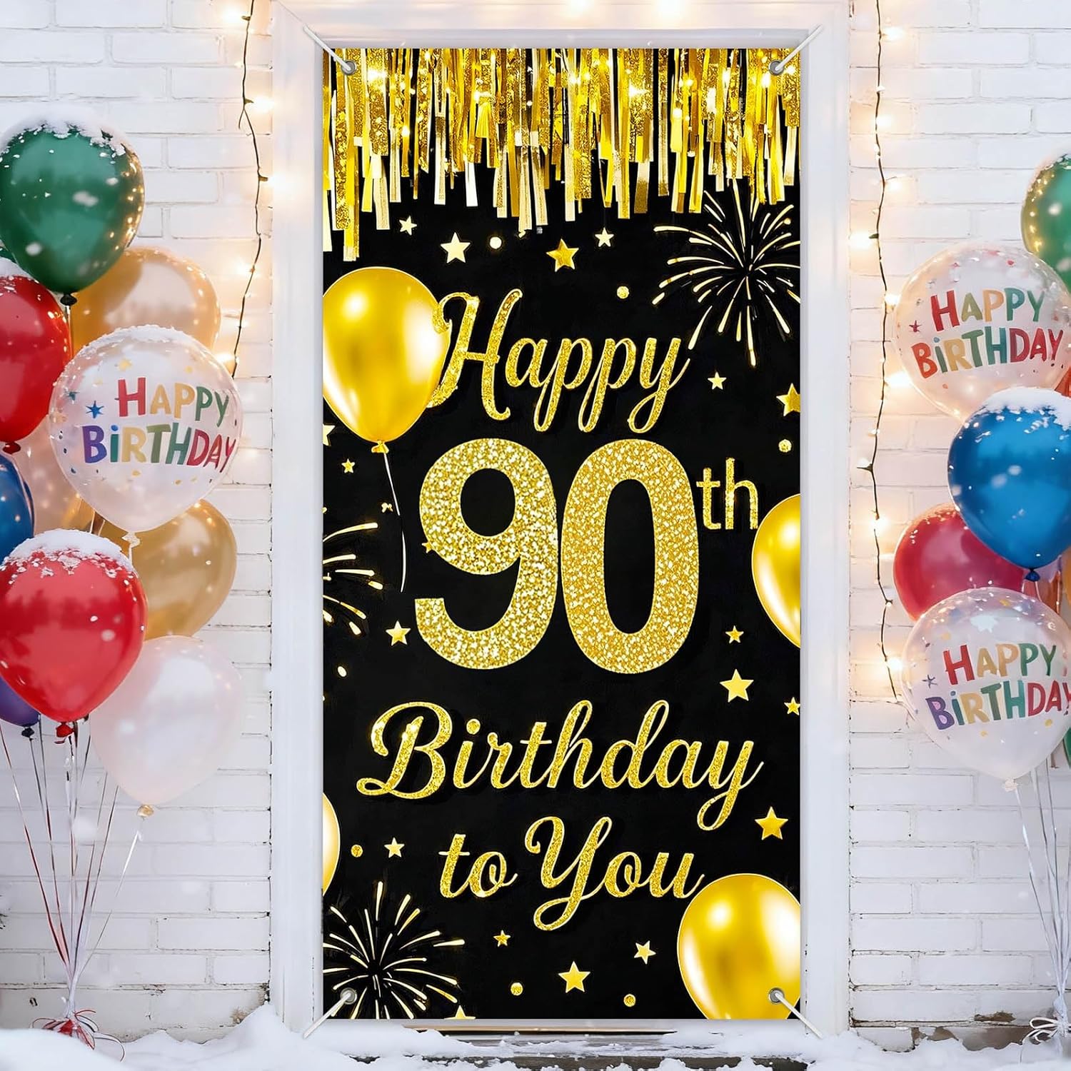 IVN 90th Birthday Door Cover 71x35 Inch Black Gold Birthday Banner for Party Decorations Balloons Stars Fireworks Backdrop Sign for Men Women Photo Booth Prop Wall Decor