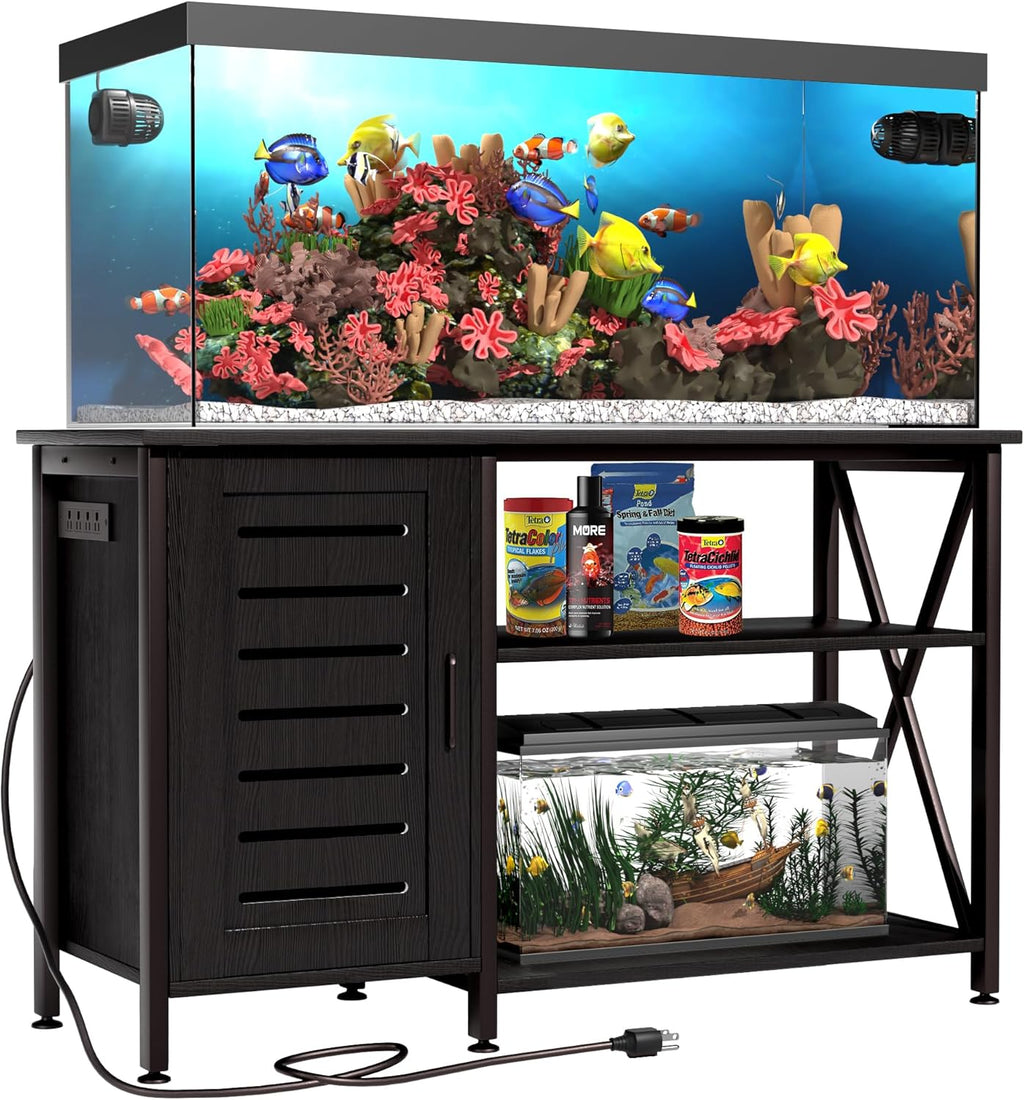 55-75 Gallon Fish Tank Stand,Aquarium Stand with Cabinet Accessories Storage,Heavy Duty Metal Frame,Aquarium Cabinet with Power Outlets 52" L*19.68" W Tabletop,1200LBS Capacity,Black PG05YGB