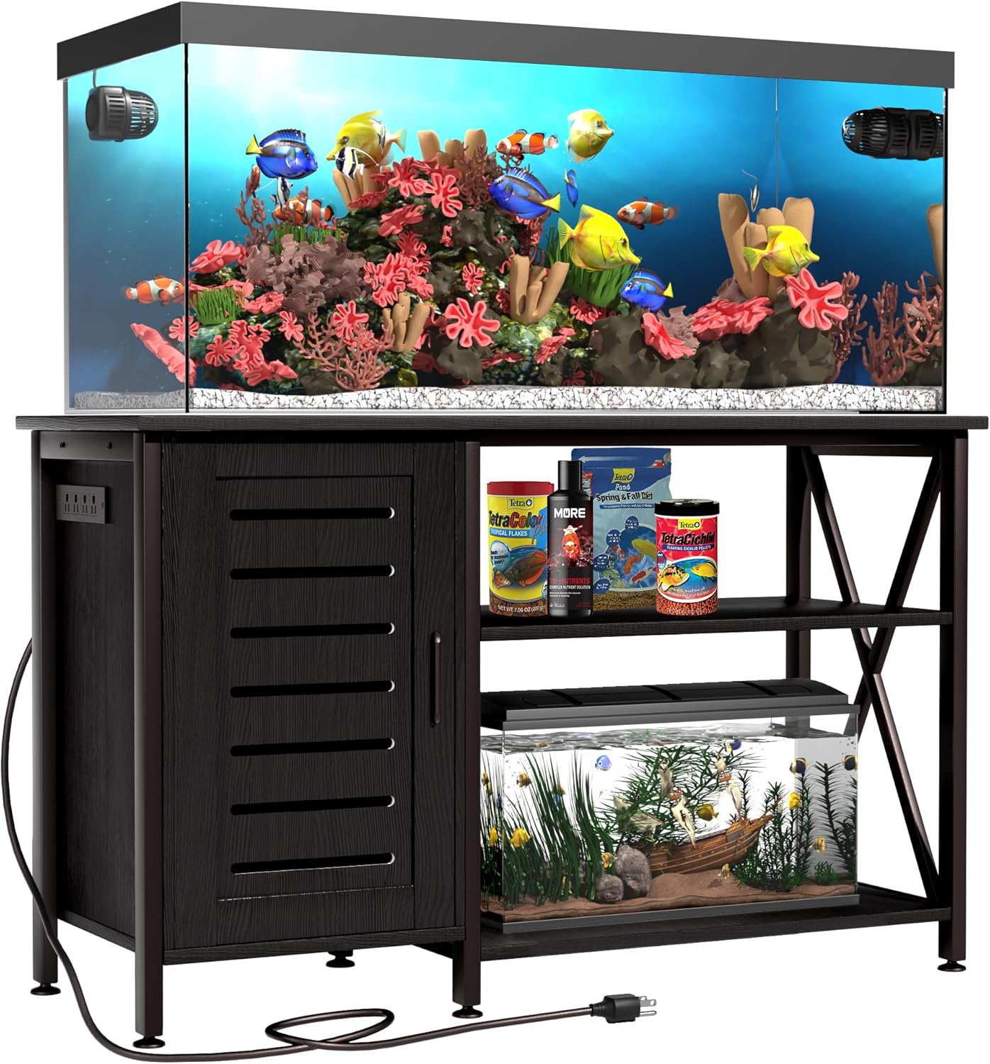 55-75 Gallon Fish Tank Stand,Aquarium Stand with Cabinet Accessories Storage,Heavy Duty Metal Frame,Aquarium Cabinet with Power Outlets 52" L*19.68" W Tabletop,1200LBS Capacity,Black PG05YGB