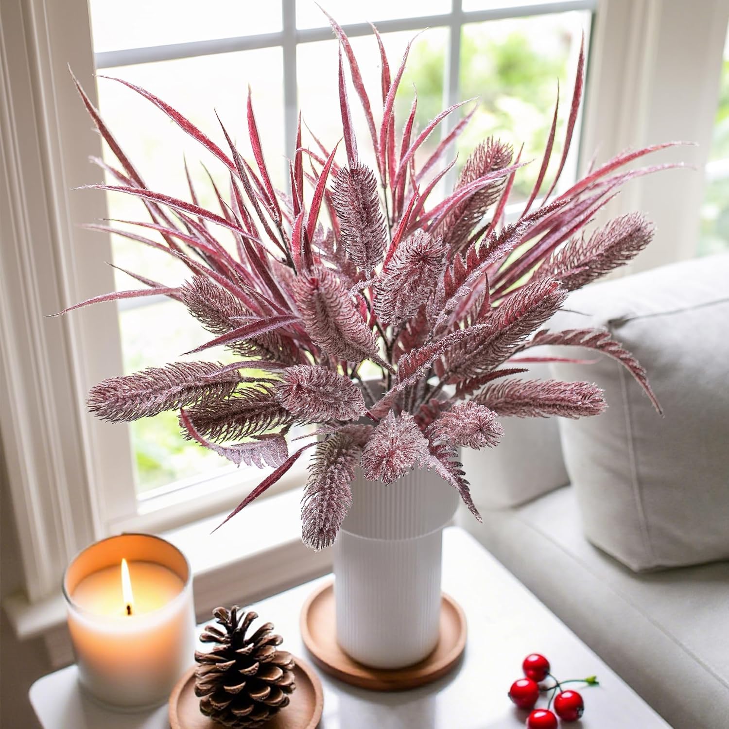 7 PCS Christmas Stems for Vases, 26 in Faux Stems Fake Plants Winter Stem Greenery Branches Fake Leaves Faux Foliage for DIY Craft Garland Home Kitchen Office Indoor Centerpiece Table Decor, Purple