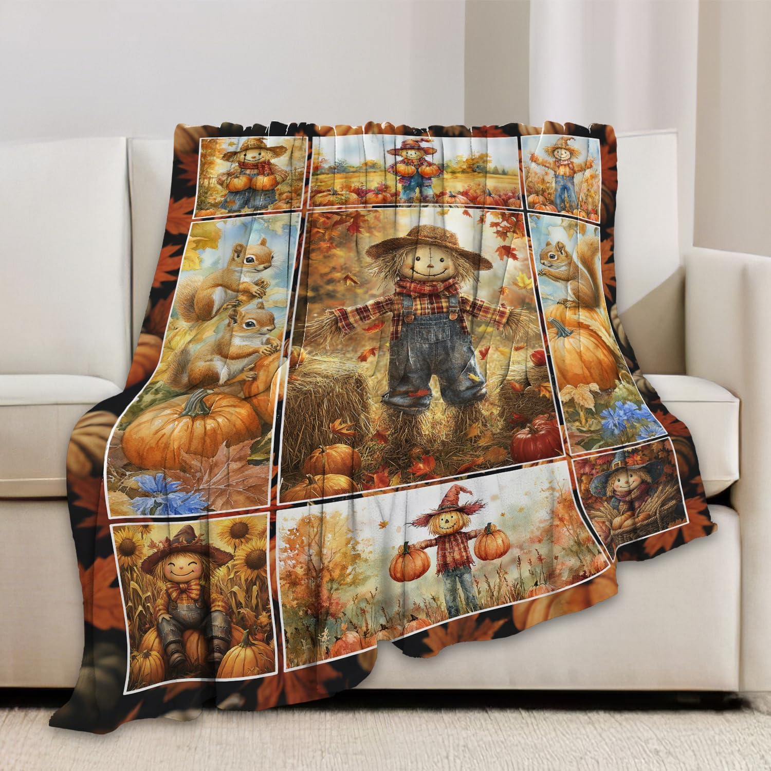 Fall Scarecrow Blanket Autumn Pumpkin Throw Blanket Squirrel Thanksgiving Flannel Stuff Merch Cozy Decor Fleece Soft Plush Fuzzy Warm Lightweight Bedding Gifts for Women Men Couch Soft 80"X60"