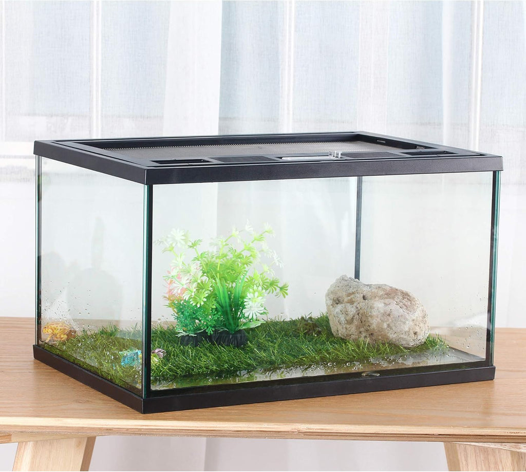 crapelles Frogs Glass Terrarium Feeding kit Tank, 15.7×11×9 inches, for Reptile Amphibians, Insect, Horned Frogs, Waterweed Prairie Style Habitat, with Green Artificial Turf Pad, Natural Volcanic Rock