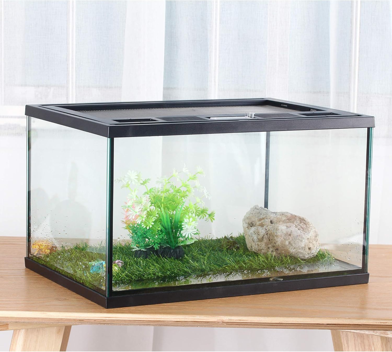 crapelles Frogs Glass Terrarium Feeding kit Tank, 15.7×11×9 inches, for Reptile Amphibians, Insect, Horned Frogs, Waterweed Prairie Style Habitat, with Green Artificial Turf Pad, Natural Volcanic Rock