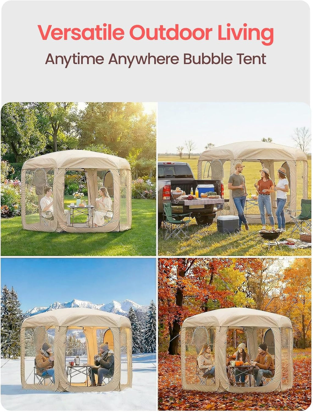 Porayhut Pop up Bubble Tent Screen House 10’X10’Large Camping Sun Shelter,Weather and Cold Proof Pod with Detachable Sunshade Cloth,Waterproof Floor,2 Zipper Doors & 4 Mesh Breathable Windows