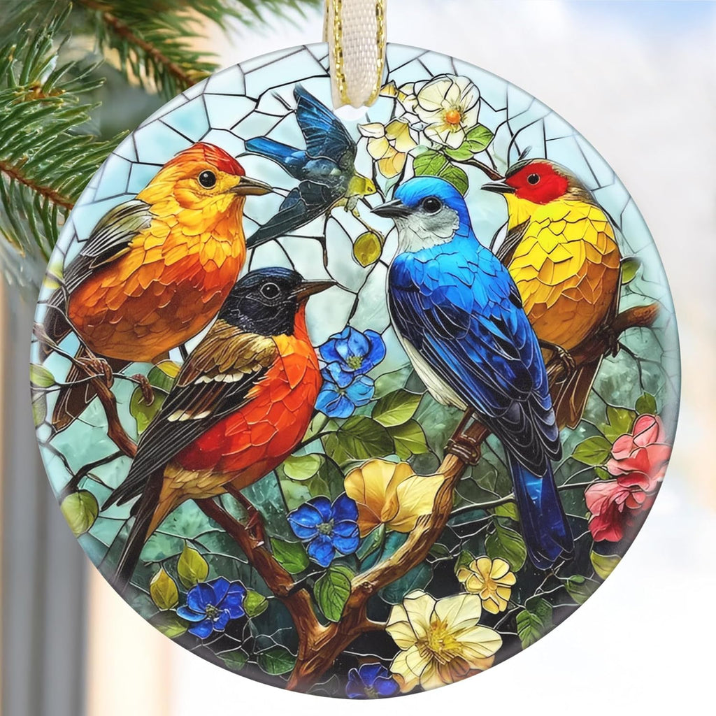 2025 Christmas Ornament, Christmas Tree Decoration, Round Ceramic Holiday Tree Decor - Birds on Branches. Gift Idea for Friends