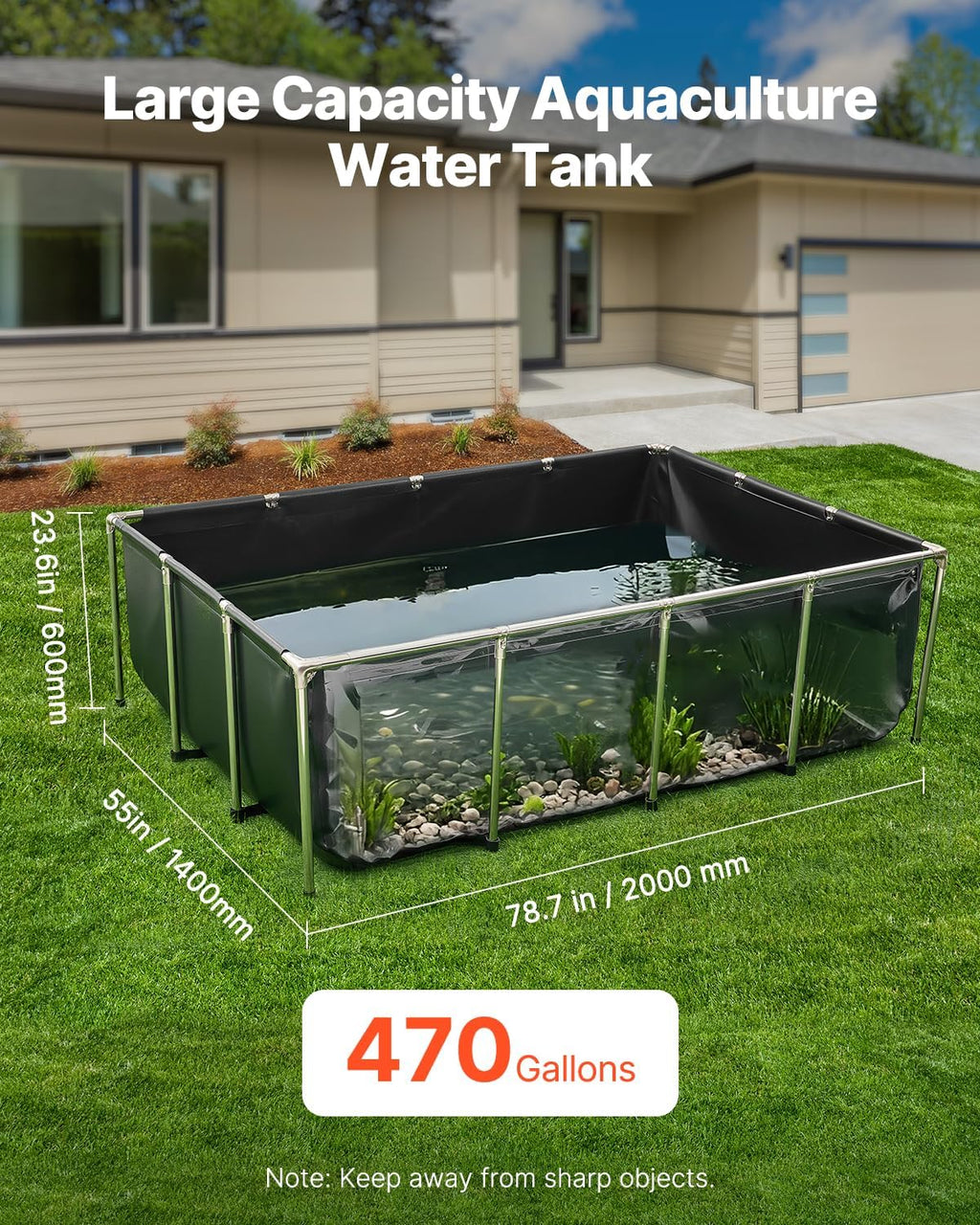 VEVOR Canvas Fish Pond, 470 Gal Above Ground Fish Pond, PVC Koi Tank with Clear Viewing Panel, Rectangular Goldfish Tank with Stainless Steel Frame & Drain Valve, for Breeding Koi, Irrigation(Black)