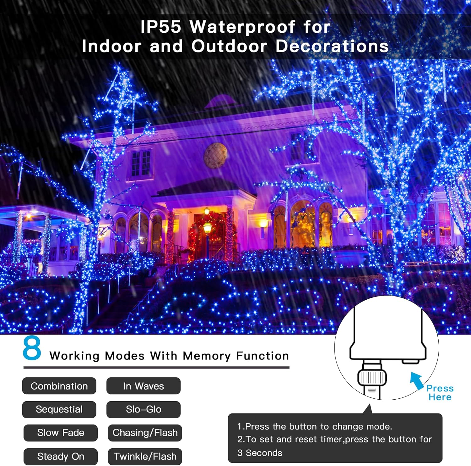 AmyHomie Blue Christmas Lights, 108Ft 300LED Halloween String Lights Outdoor Waterproof, End-to-End Indoor Fairy Decorative Lights for Wedding, Party, Christmas Decor