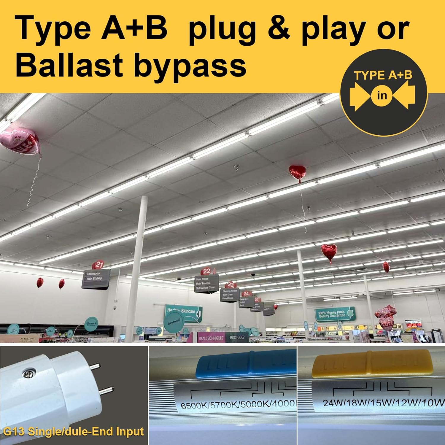 25PK 4FT LED T8 Tube Light, Frosted 24W-10W Selectable Watt & CCT 6500K-3000K, Type A+B Plug&Play or Ballast Bypass 4 Foot Fluorescent Tube Replacement, 120-277V Single or Double Ended, ETL
