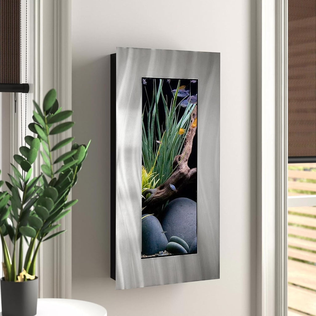 Aussie Aquariums 3.0 Wall Mounted Fish Tank Kit with LED Lighting, Built-in Filter System, Modern Space-Saving Design, Complete Accessories Set (Verticali, Silver)