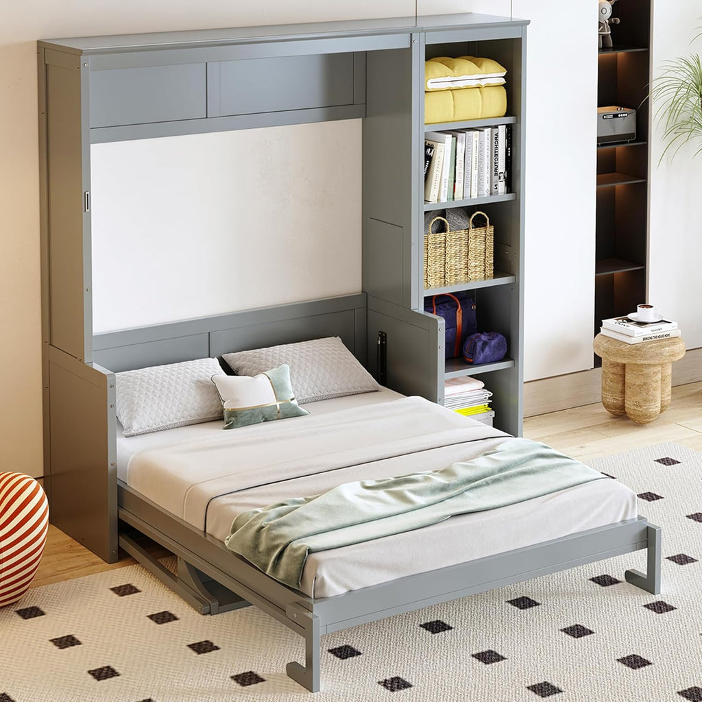 MERITLINE Full Murphy Bed with Desk and Storage Shelves,Wood Hideaway Murphy Wall Bed with Storage Bookcase for Adults (Grey,Full)