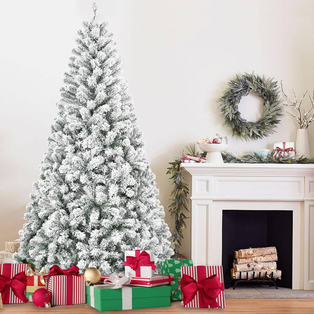 4FT Flocked Artificial Christmas Tree, Full Unlit White Christmas Tree with Premium PVC Branches, Realistic Snowy Look, Sturdy Metal Stand, Indoor Fake Snow Xmas Tree for Home Office Shops
