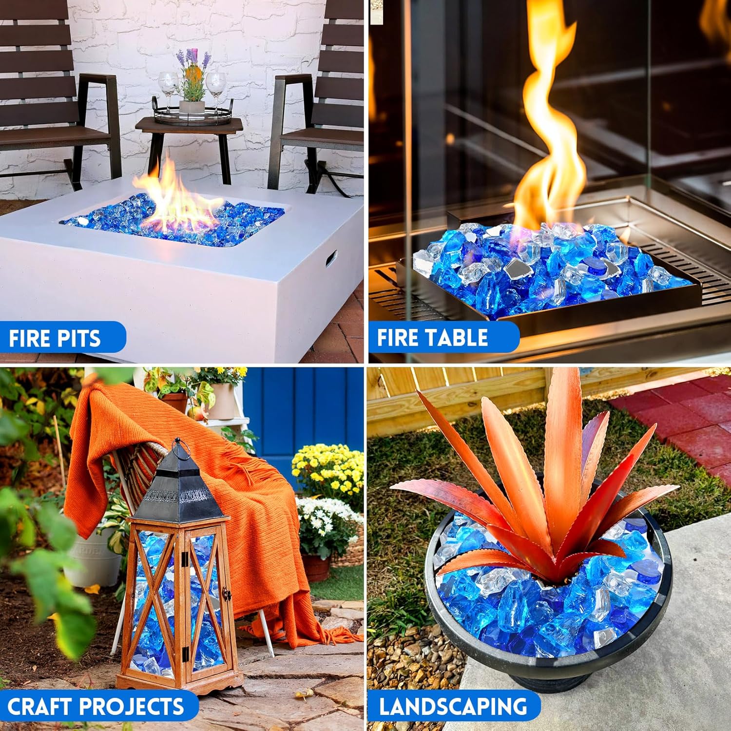 GasSaf 1/2 Inch Fire Glass Reflective Tempered Fireglass Cut Crushed FireGlass for Fire Pit, Fireplace, Replaces Existing Gas Logs(10 Pound)(Cobalt/Caribbean Blue, Crystal Ice Reflective)