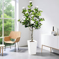 5Ft Artificial Camellia Tree in White Pot, White Faux Plant Indoor Outdoor (61"), Tall Flower Plant for Porch & Living Room Office Decor