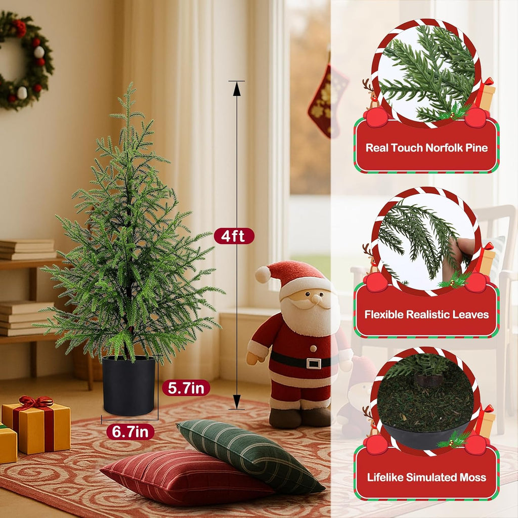 Norfolk Pine Christmas Tree Real Touch Faux Tree with Black Pot, Realistic Indoor Holiday Decor fo Christmas Entryway, Living Room Office (4FT-2Pack)