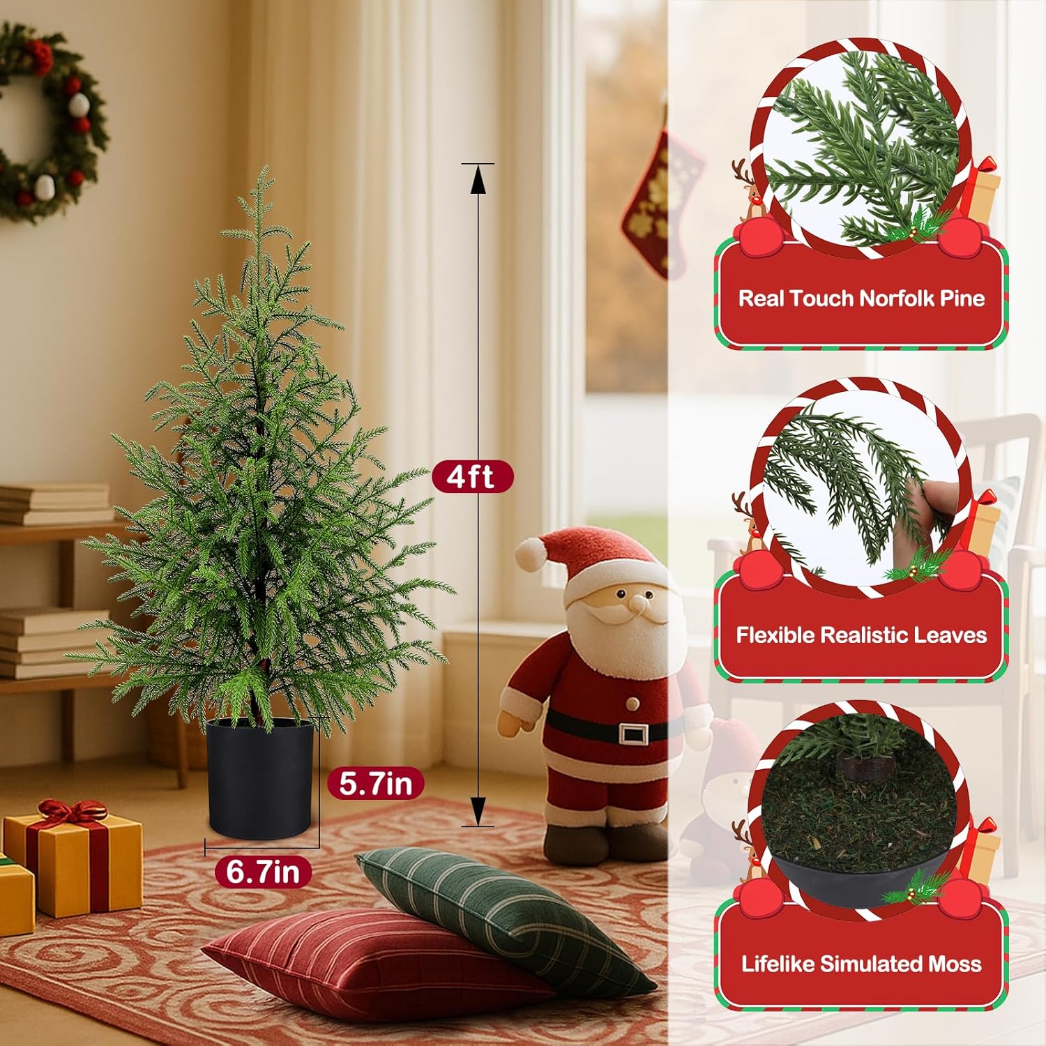Norfolk Pine Christmas Tree Real Touch Faux Tree with Black Pot, Realistic Indoor Holiday Decor fo Christmas Entryway, Living Room Office (4FT-2Pack)