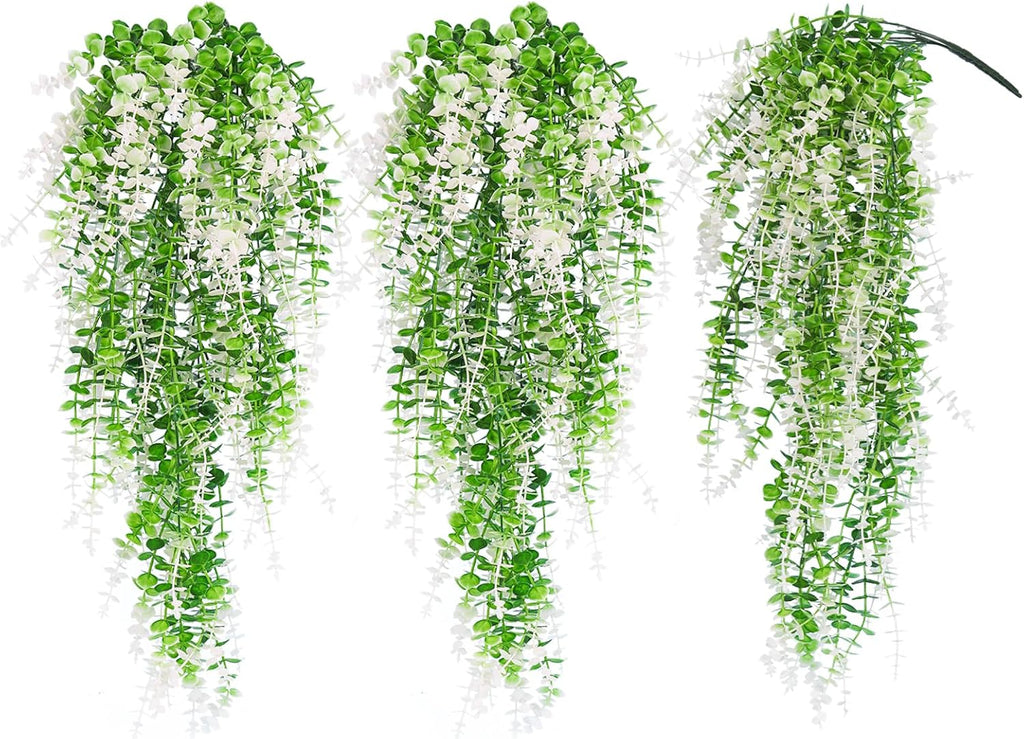RECUTMS Fake Monkey Plants Hanging Eucalyptus Vines Fake Vines Faux Hanging Plants for Outdoor Garden Yard Backdrop Decor Indoor Room Table Wall Home Hanging Decoration(White)