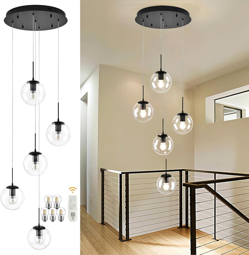 KoKo&Yukina 5-Light Globe Glass Pendant Light Adjustable Length Pendant Lights Modern Black Clear Globe Glass Chandelier High Ceiling Lights Fixtures for Foyer Staircase Entryway (Bulb & Remote Incl)