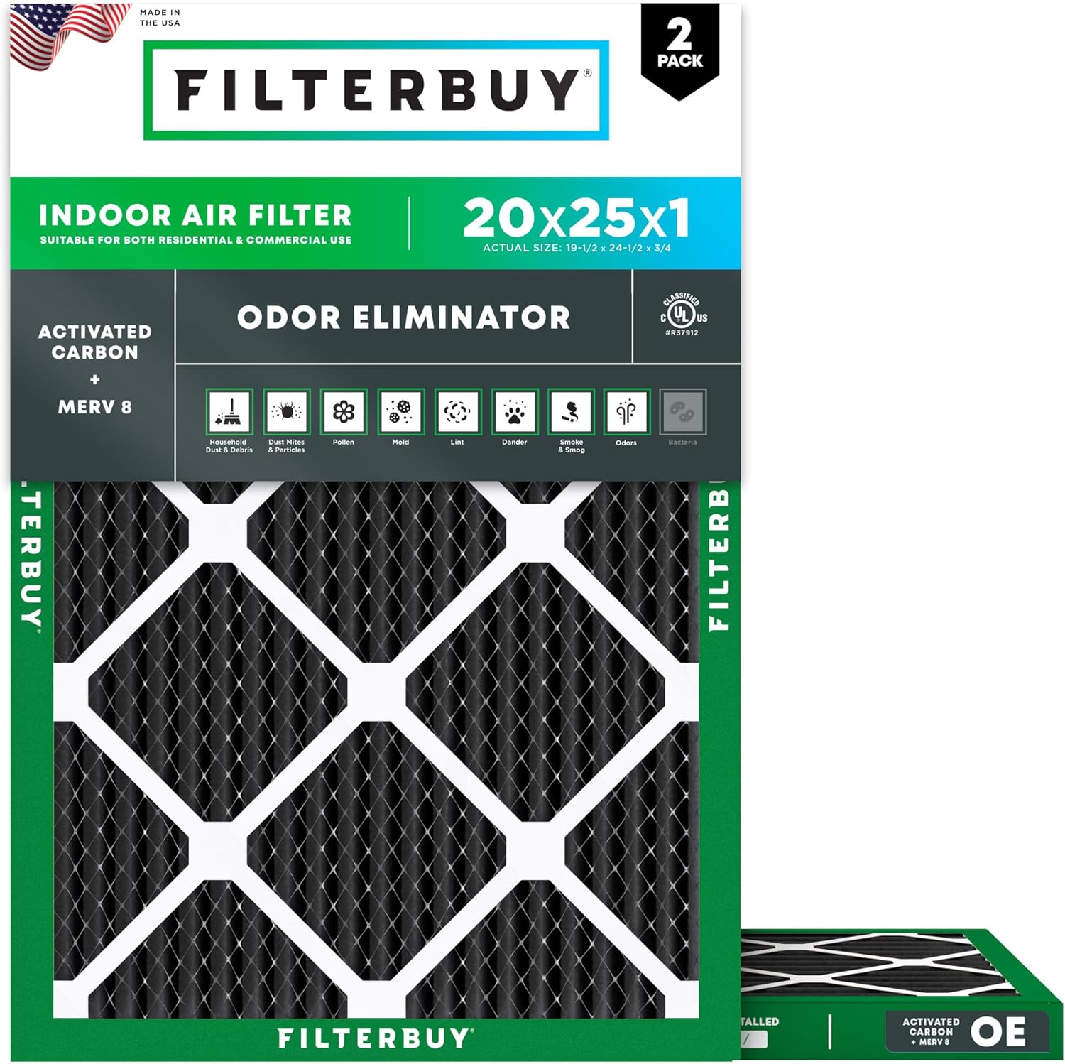 Filterbuy 20x25x1 Air Filter MERV 8 Odor & Allergy Defense with Activated Carbon (2-Pack), Electrostatic Pleated HVAC AC Furnace Filters Replacement, Made in USA (Actual Size: 19.50 x 24.50 x 0.75)