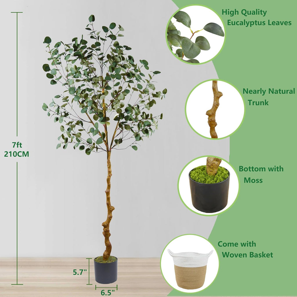 Artificial Eucalyptus Tree, 7ft Tall Fake Eucalyptus Plant with Basket, Green Silver Dollars Silk Leaves Large Faux Tree for Home Office Livingroom Floor Decor Indoor