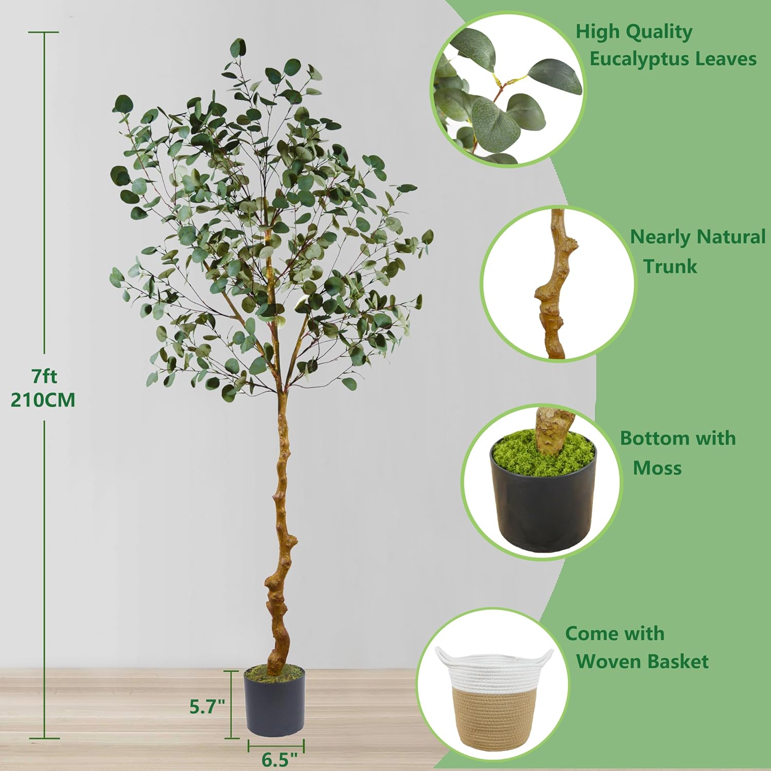 Artificial Eucalyptus Tree, 7ft Tall Fake Eucalyptus Plant with Basket, Green Silver Dollars Silk Leaves Large Faux Tree for Home Office Livingroom Floor Decor Indoor