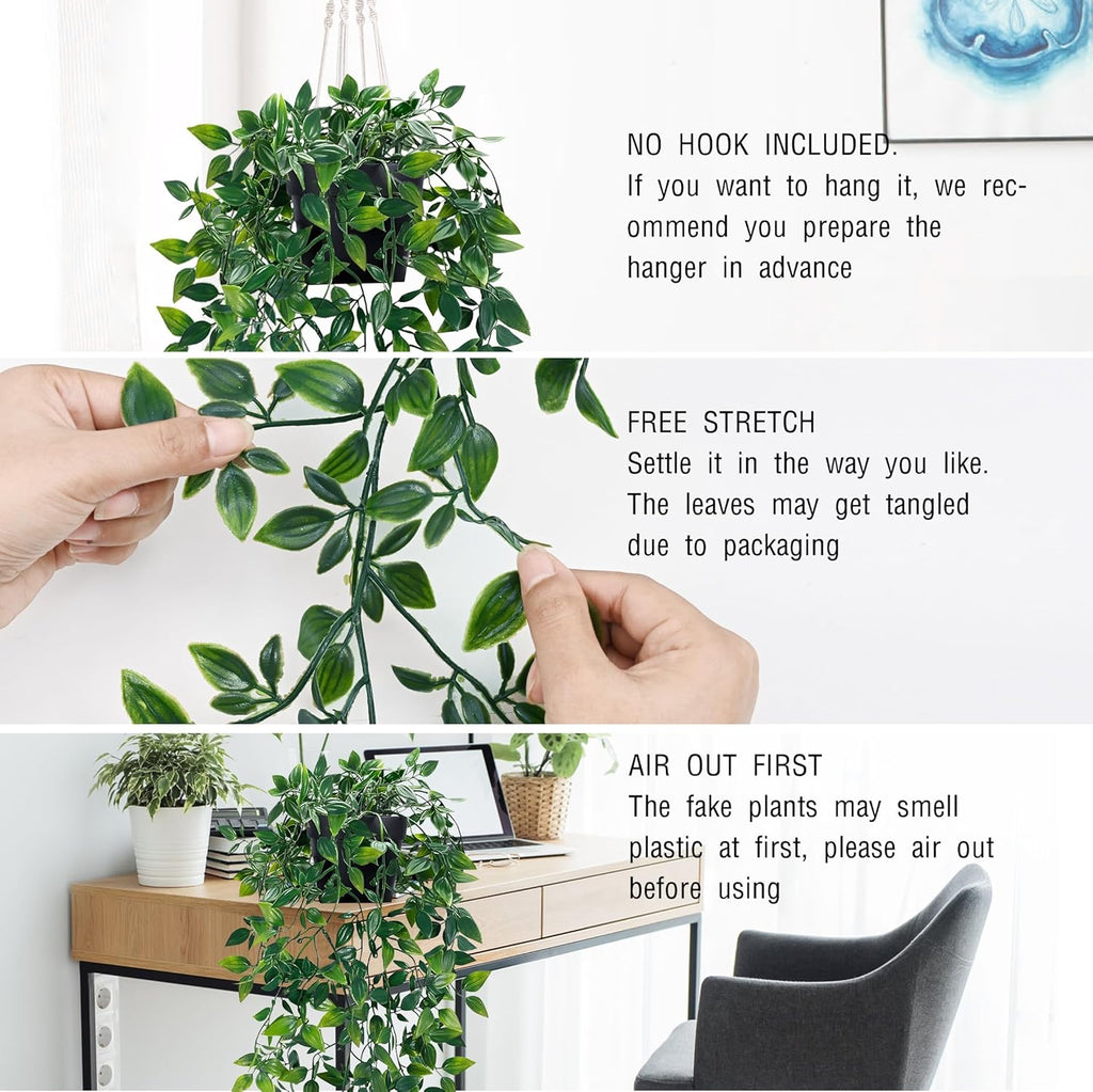 Waipfaru 2Pcs Fake Hanging Plants with Pot Deep Green Eucalyptus Leaves UV Resistant Fake Vines Ivy Artificial Plants Outdoor Faux Plants Indoor Bedroom Living Room Boho Wall Porch Shelf Decor