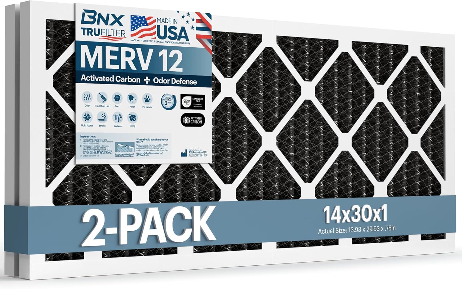BNX TruFilter 14x30x1 MERV 12 Odor Defense (2-Pack) AC Furnace Air Filter with Activated Carbon - MADE IN USA - Pleated Air Conditioner HVAC AC Furnace Filters - Removes Odor, Mold, Bacteria, Smoke