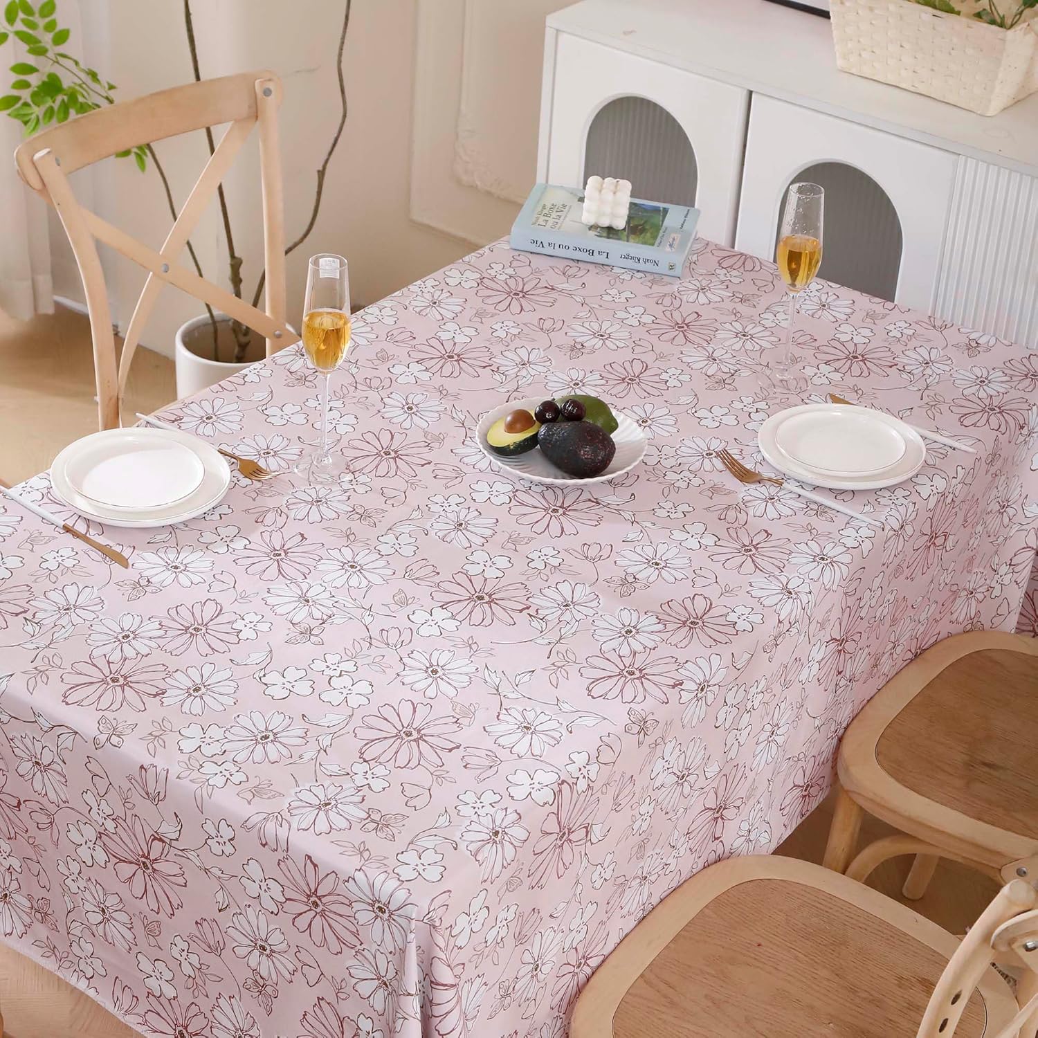 Heavy Duty Vinyl Tablecloth with Flannel Backing Waterproof Oil-Proof Plastic Table Cloth Stain-Resistant Wipeable Rectangle or Square Table Cover for Indoor and Outdoor (Red Flower,54x54 Inch)