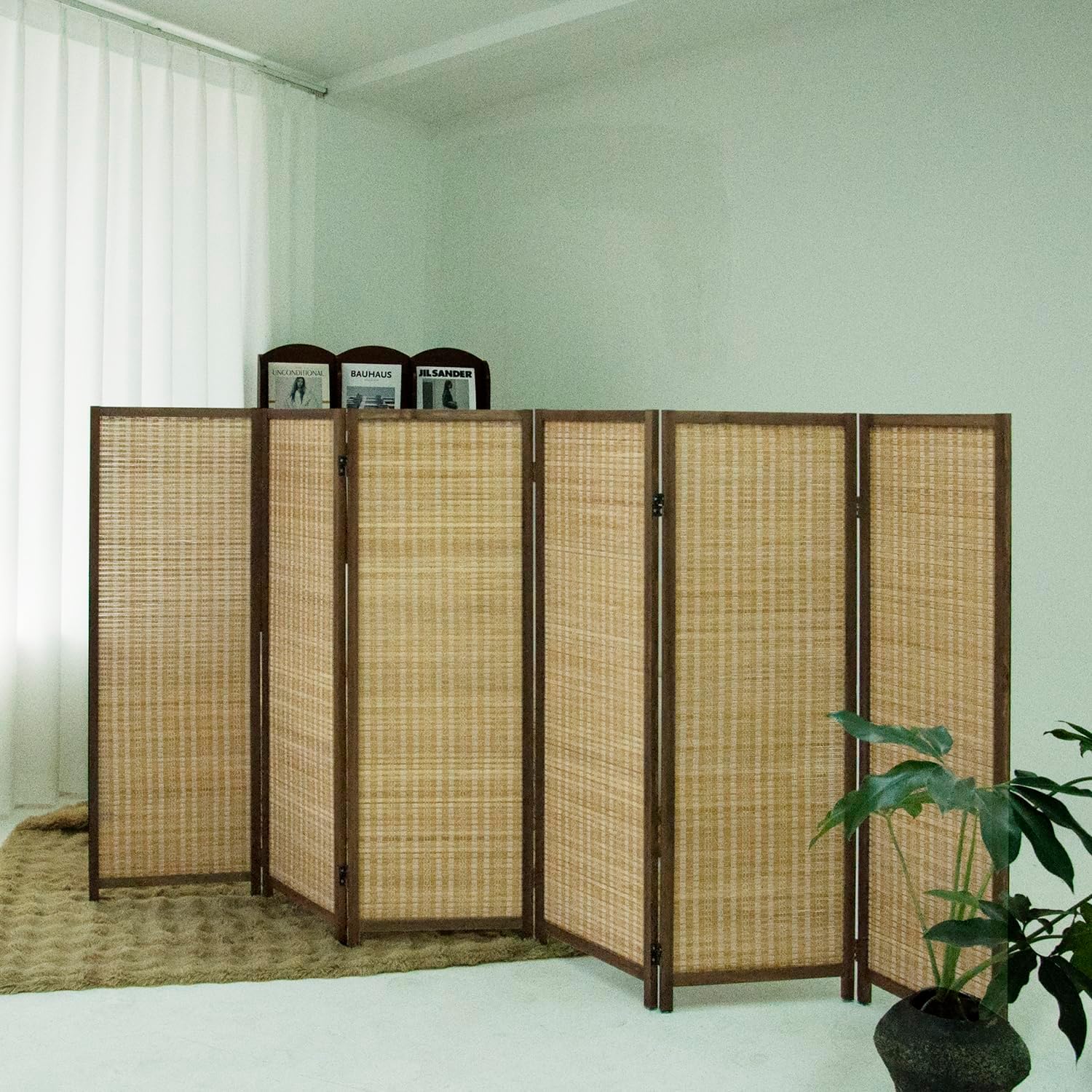 6 Panel Short Room Divider Folding Screen,47 inch Bamboo Panel Divider for Home Partition,Brown