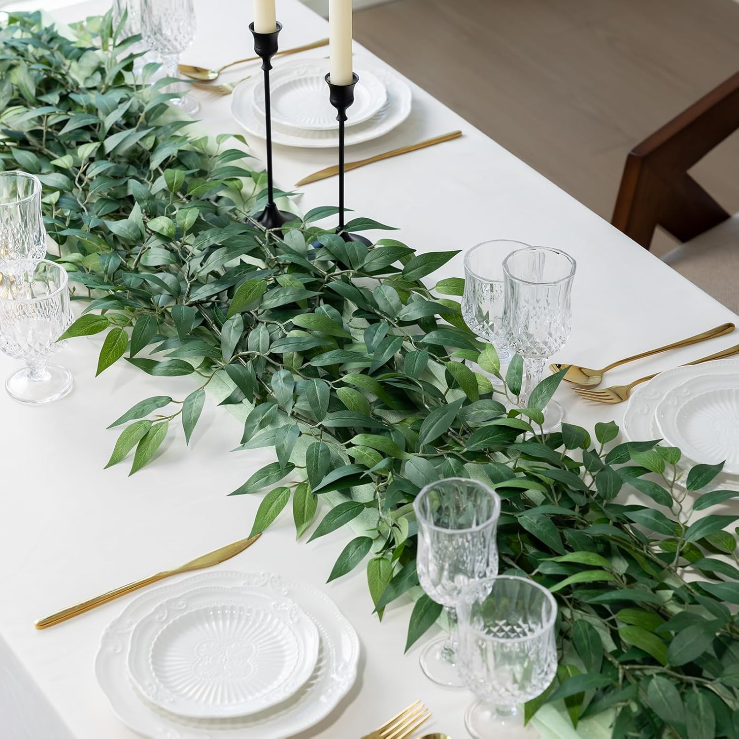 mizii 24pcs Italian Ruscus Artificial Greenery Stems Silk Green Leaves 20in Fake Spray Plants Stem Garland Greenery Decoration for Centerpieces Wedding Arch Flower Bouquet Table Room Wall Decor (24)