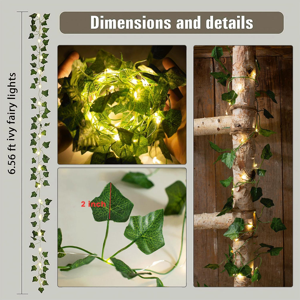 2 Pack 6.56 Ft Vine Lights Green Ivy Vines String Lights Battery Operated, 40 LEDs Battery Powered Artifical Garland Plant Leaves with Light for Bedroom Holiday Patio Decor (Warm White)