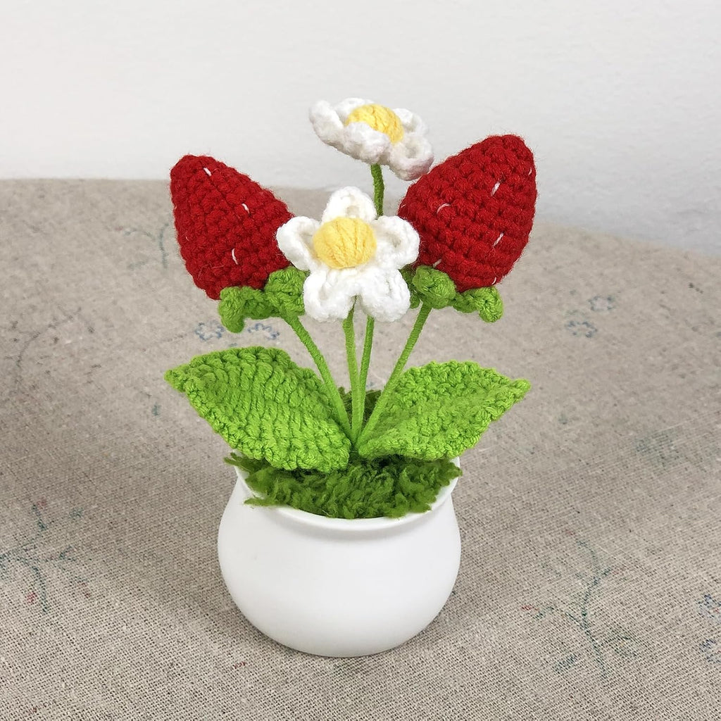 Crochet Flowers Cute Little Potted Flower, Gift for Birthday, Teacher’s Day, Graduation, Anniversary, Christmas, Decor for Car Dashboard,Home Office Decoration (Strawberry)