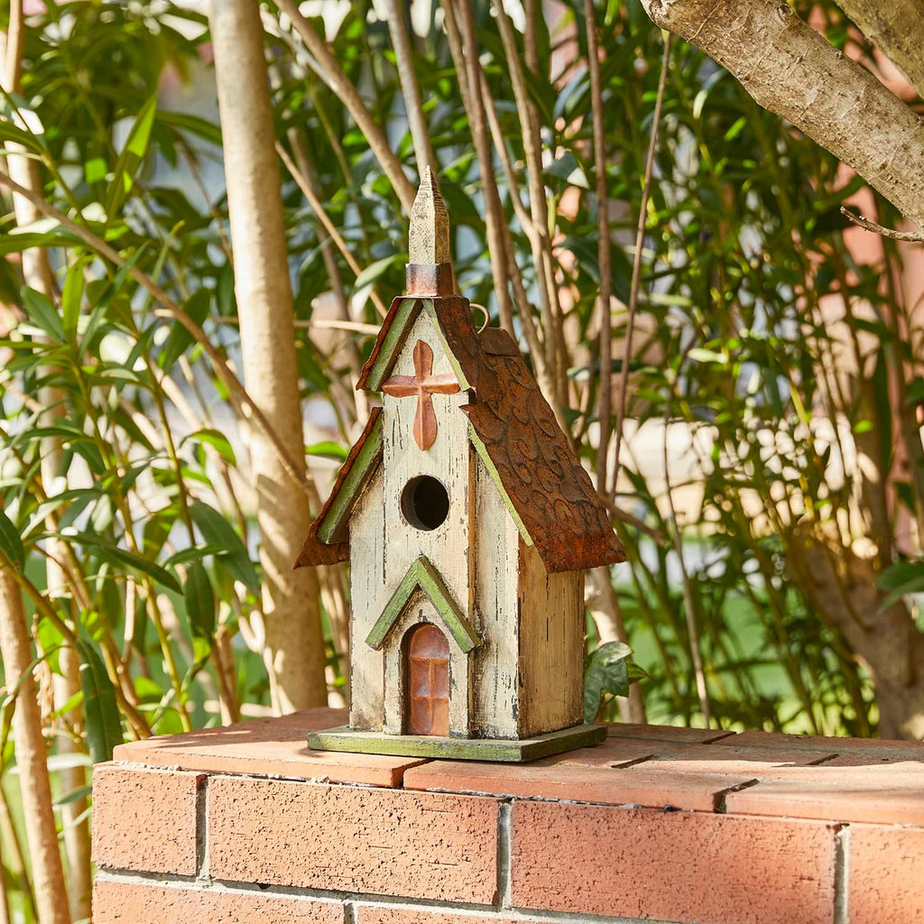 Glitzhome 14" H Hanging Distressed Wooden Church Birdhouse Garden Decor