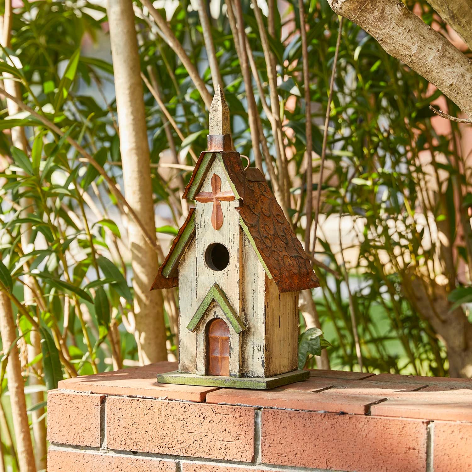 Glitzhome 14" H Hanging Distressed Wooden Church Birdhouse Garden Decor
