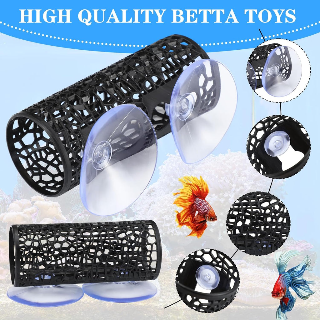 Honeydak 2 Pcs Betta Fish Tank Accessories Black Betta Tunnel Fish Toys Safe Hollow Hammock Cave Aquarium Decor Hideout Tube Shelter with Suction Cups for Small Fish Shrimp Reptile Guppies
