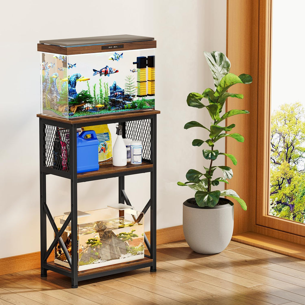 Snughome 10 Gallon Aquarium Stand with Storage, 3 Tier Heavy Metal Fish Tank Stand Shelf 20.47" x 11.42" x 30.91", Rustic Brown