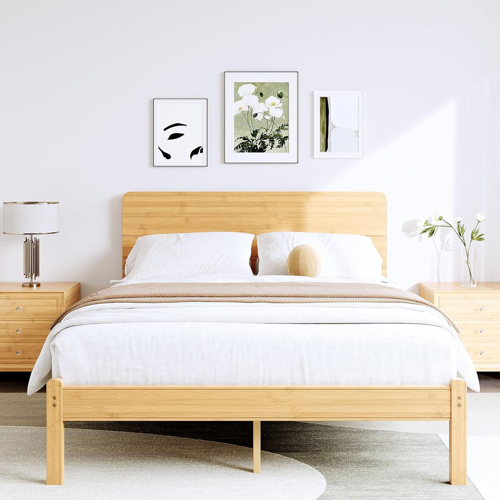 14in High Solid Bamboo Wood Platform Full Size Bed Frame with Headboard, Reinforced Heavy Duty Metal Slats, Noise Free, No Box Spring Needed, Easy Assembly