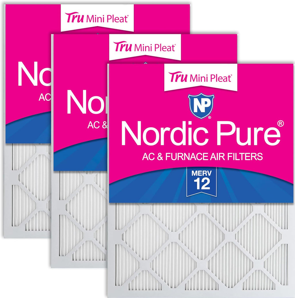 Nordic Pure 20x25x1 (Actual Size: 19 1/2 x 24 1/2 x 3/4) Tru Mini Pleat MERV 12 AC Furnace Air Filters – 2.5X More Media for Longer-Lasting, High-Efficiency Filtration - 3 Pack