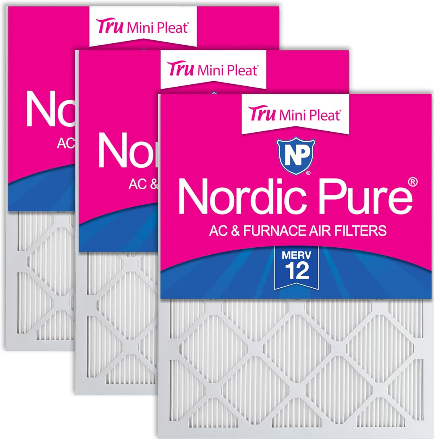 Nordic Pure 20x25x1 (Actual Size: 19 1/2 x 24 1/2 x 3/4) Tru Mini Pleat MERV 12 AC Furnace Air Filters – 2.5X More Media for Longer-Lasting, High-Efficiency Filtration - 3 Pack