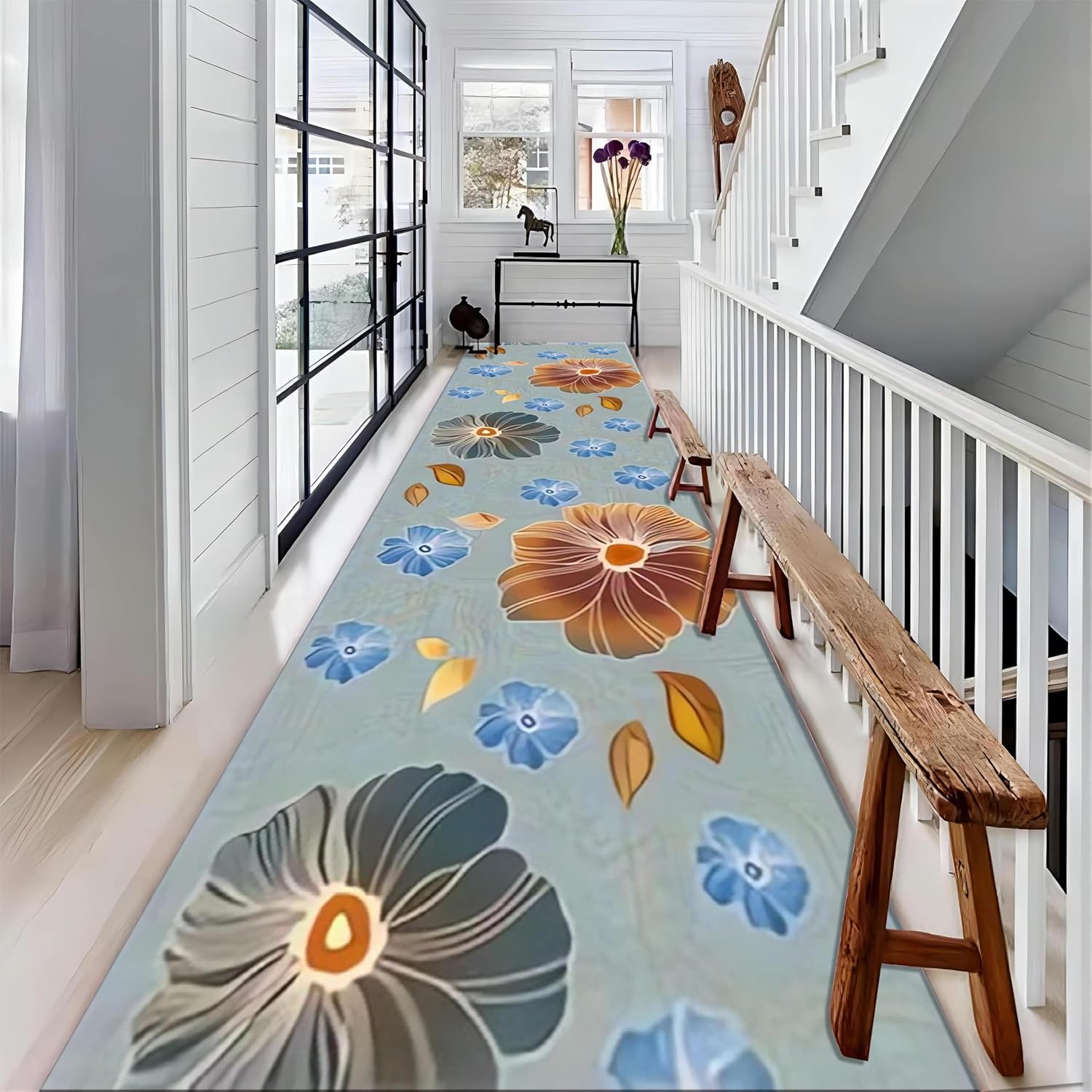 Watercolor Art Flower Entrance Rug, 2x10ft, Simple Beautiful Petal Living Room Carpets, Breathable Soft Reduce Noise Kitchen Rug, Printed Fade Resistant Durable Rugs for Indoor Entry