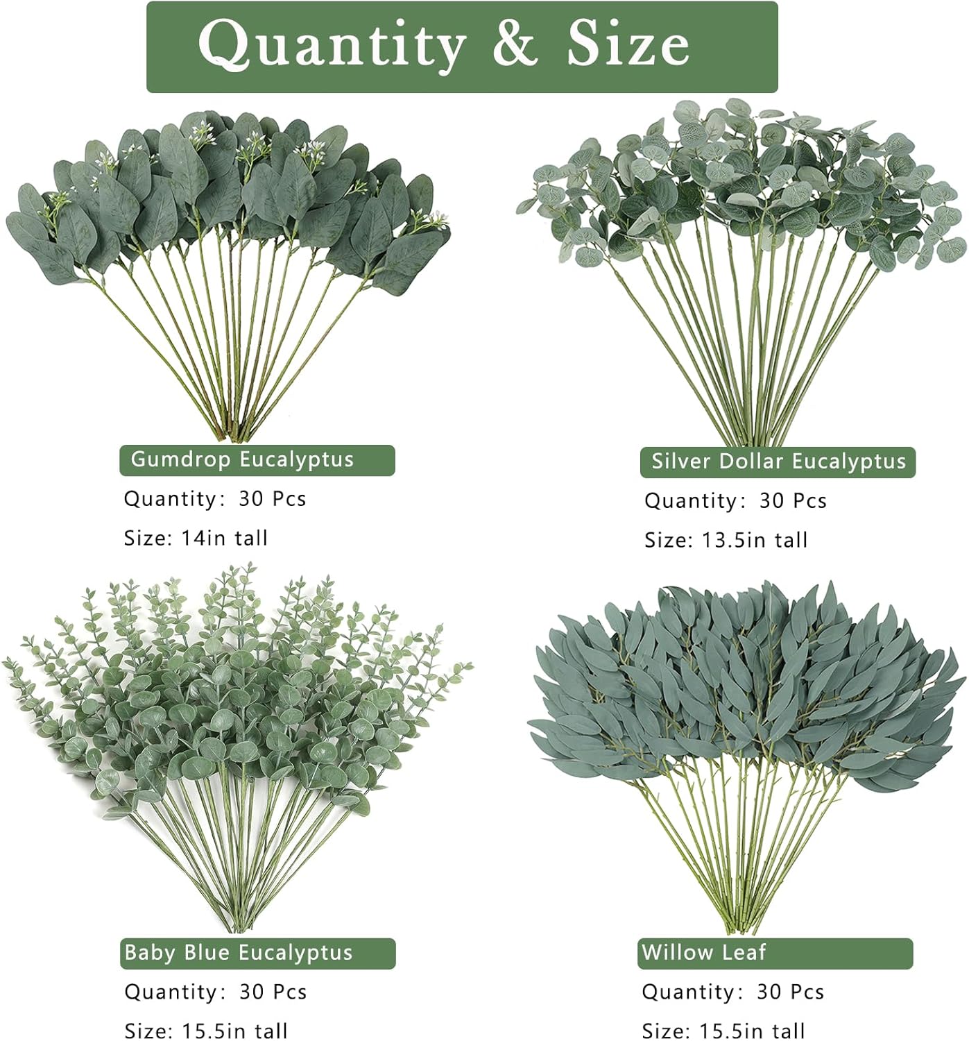 120 Pcs 4 Kinds Mixed Artificial Eucalyptus Leaves Stems Bulk Fake Silver Dollar Eucalyptus Bundle Faux Plants Greenery for DIY Bouquets Floral Arrangement Wedding Engagement Party Decor (Green)