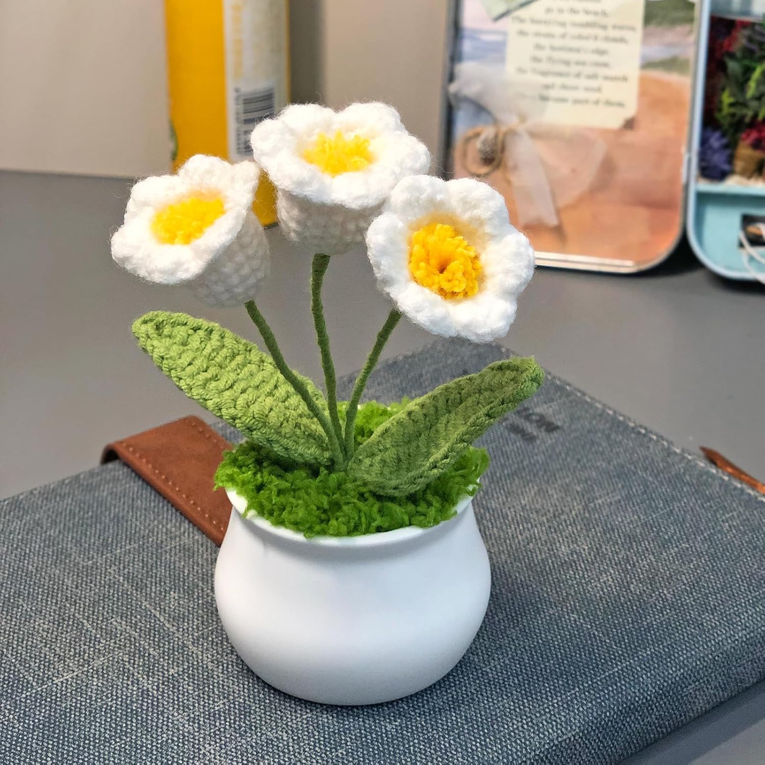 Crochet Flowers Cute Little Potted Flower, Gift for Birthday, Teacher’s Day, Graduation, Anniversary, Christmas, Decor for Car Dashboard,Home Office Decoration (White Lily of The Valley)
