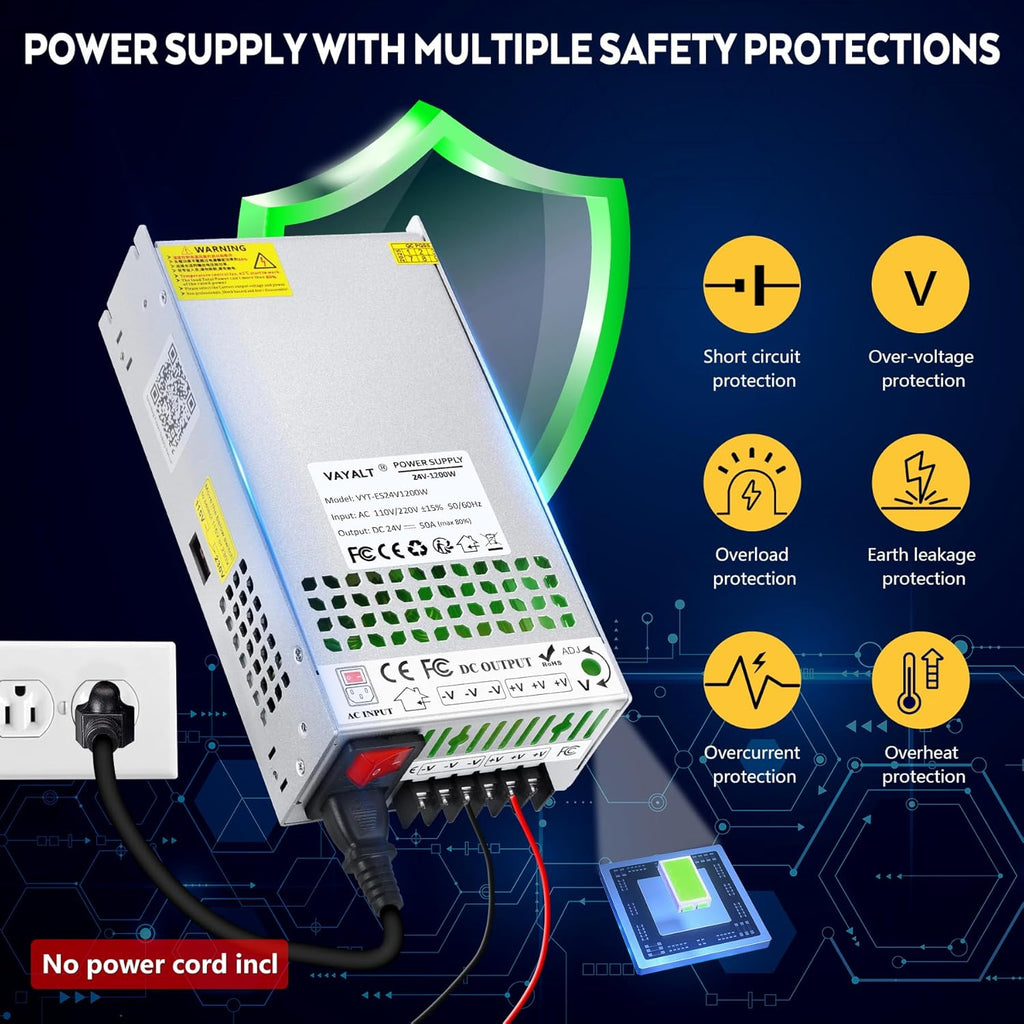 VAYALT 24V 50A 1200W DC Switching Power Supply, Universal Regulated Switching AC 110V/220V to DC 24V Transformer, Power Supply for Industrial, CCTV, Computer Project, LED Strip Light (No Power Cord)