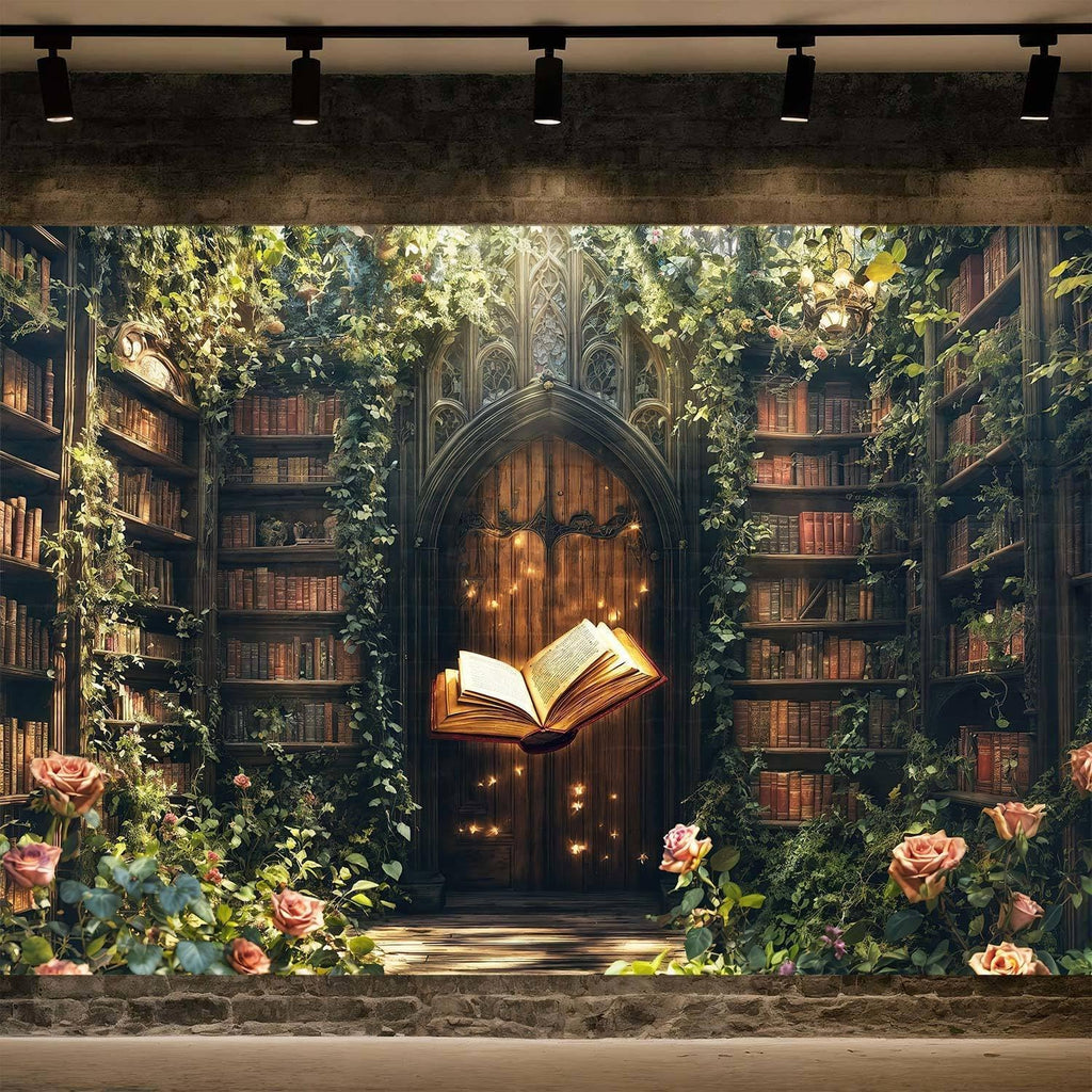 8X6ft Enchanted Magical Retro Forest Backdrop Green Nature Library Bookshelf Photography Background Magic Party Decor for Birthday Baby Shower Photo Shoot Props for Kids Adults