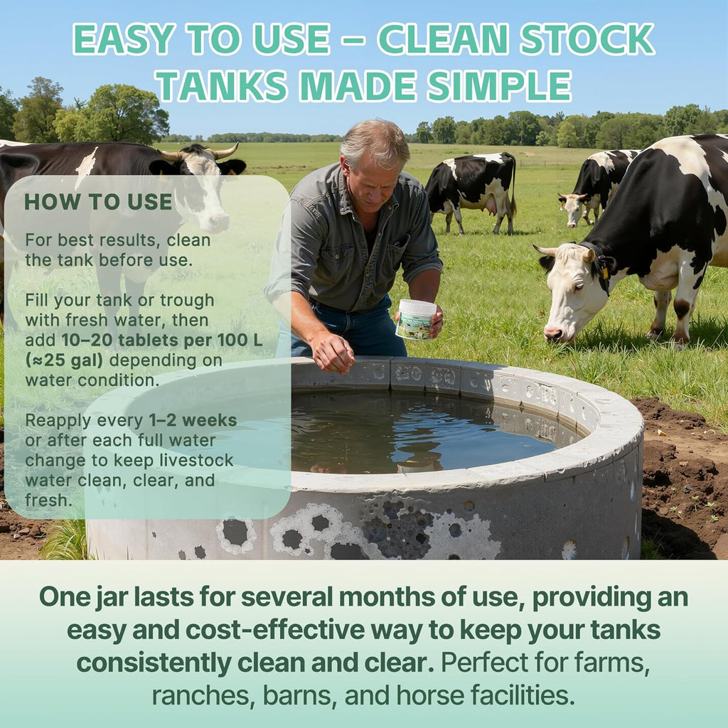 Stock Tank Defense Tablets–Stock Tank Clarifier for Livestock Water Troughs–Dissolves Sludge, Cleans Drinking Tanks, Improves Water Quality–Safe & Easy for Horses, Cattle, Goats & Chickens, 300Count