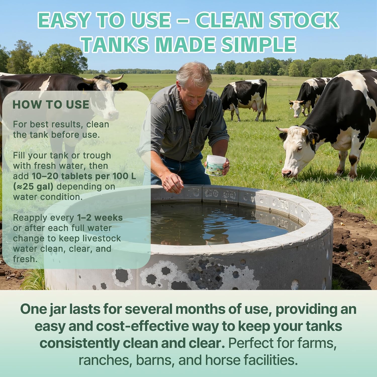 Stock Tank Defense Tablets–Stock Tank Clarifier for Livestock Water Troughs–Dissolves Sludge, Cleans Drinking Tanks, Improves Water Quality–Safe & Easy for Horses, Cattle, Goats & Chickens, 300Count