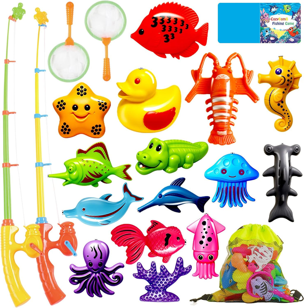 CozyBomB™ Magnetic Fishing Toys Game Set for Kids | Water Table Bathtub Kiddie Pool Party Pole Rod Net, Outdoor Plastic Floating Fish, Toddler Bath Color Ocean Sea Animals Birthday Gift Age 3-5 6 4-8