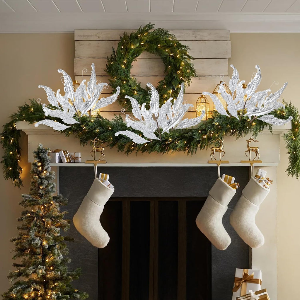 Christmas Artificial Leaves Set of 3 Sparkling 27 Inch Faux Decorative Foliage with Spray Stems Perfect for Holiday Home Decor Festive Party Decorations and Seasonal Celebrations(White)